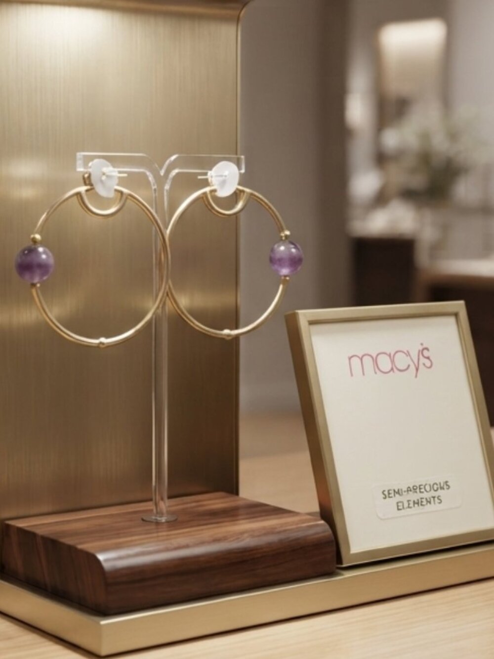 Macy's Large bohemian gold hoop earring with semi-precious stone